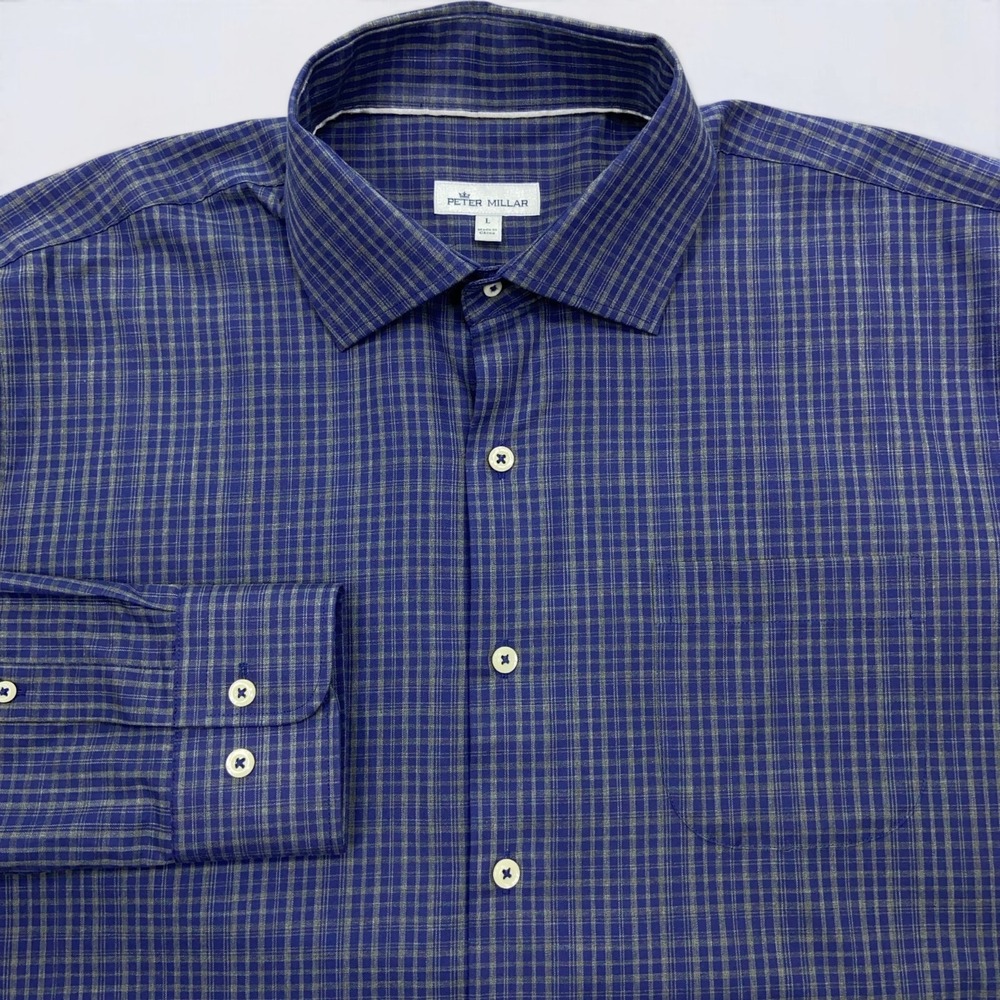 Peter Millar Button Up Shirt Men's Large Blue Gray Plaid Long Sleeve Office
